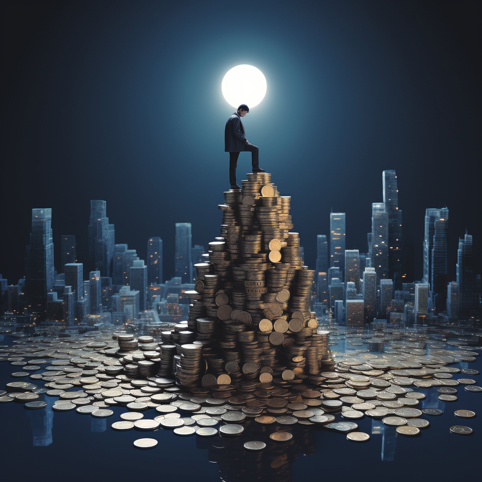 people business idea on top of stack of coins, in the style of atey ghailan, chen zhen, dark silver and dark navy, reflections, cinestill 50d, relief